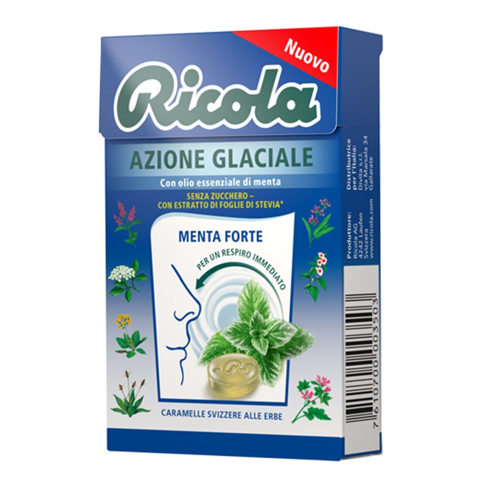 Ricola Azione Glaciale 1 Astuccio da 50 gr Caramelle Balsamiche Senza Zucchero