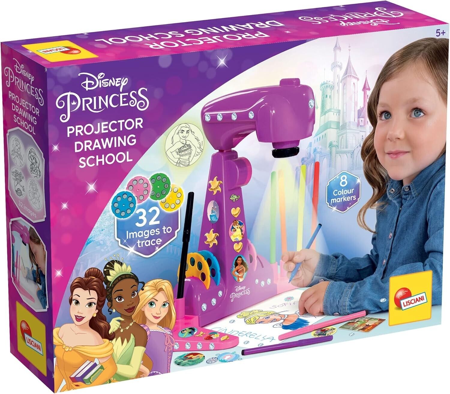 Lisciani - Princess Projector Drawing School, Proiettore, 4 Dischi, 8 Pennarelli