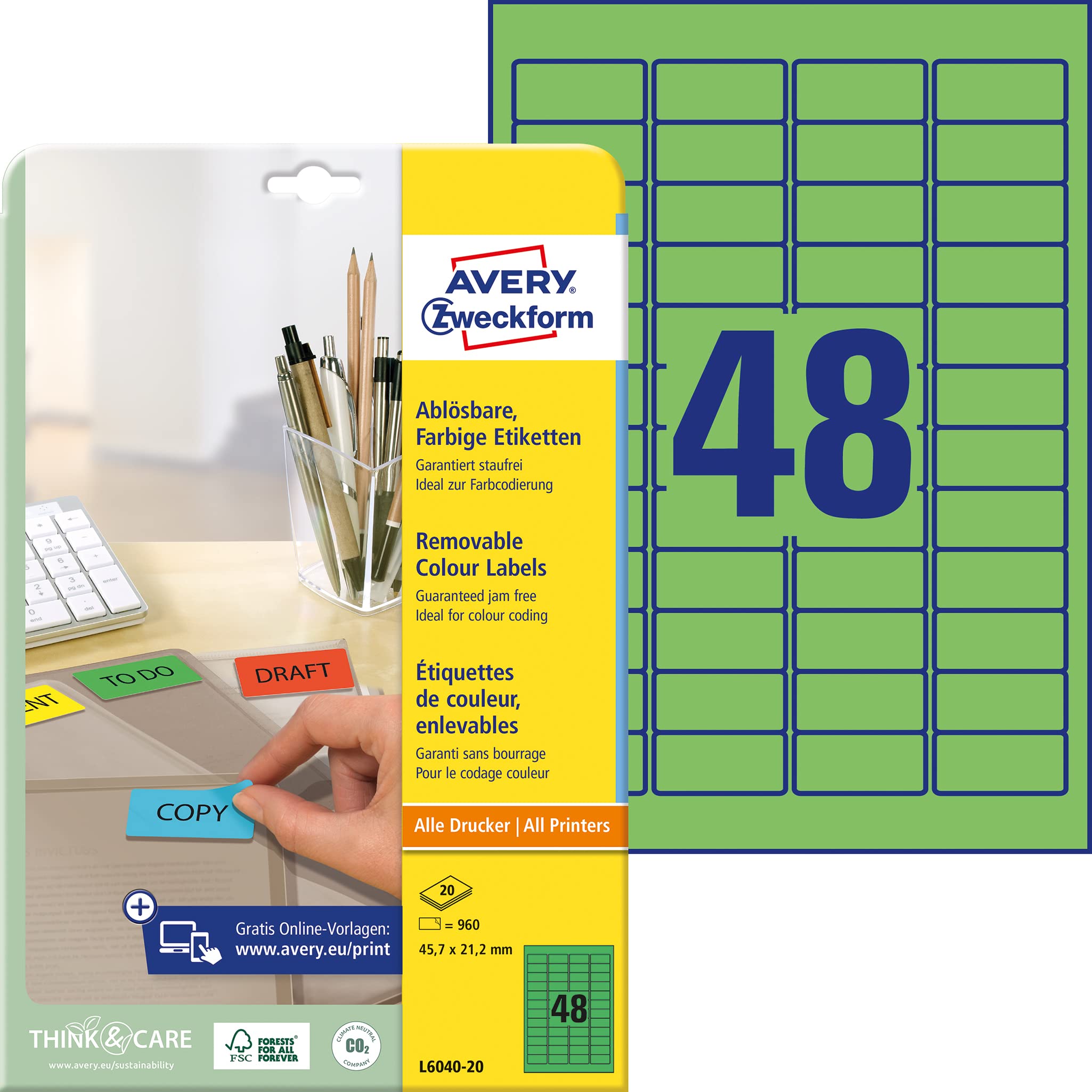 Avery L6040-20 Removable Mini Labels (45.7 x 21.2 mm Labels, 48 per A4 Sheet, 20