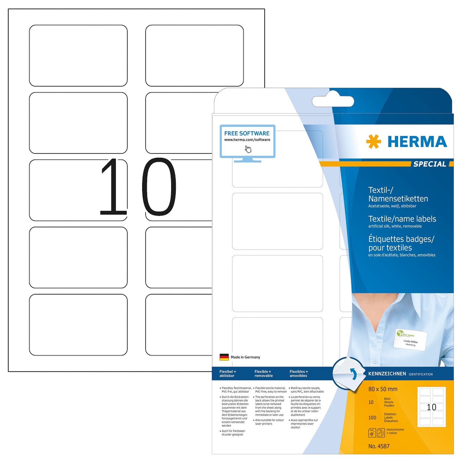 HERMA Flexible Self Adhesive Name Badge Labels, 10 Labels Per A4 Sheet, 100 Labe
