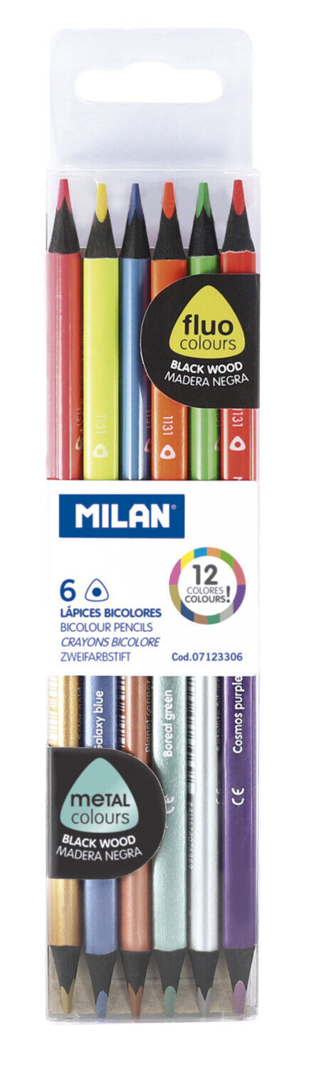 Scatola 6 Matite Bicolore Triangolare Legno Nero (Colori Neon + Colori Meta