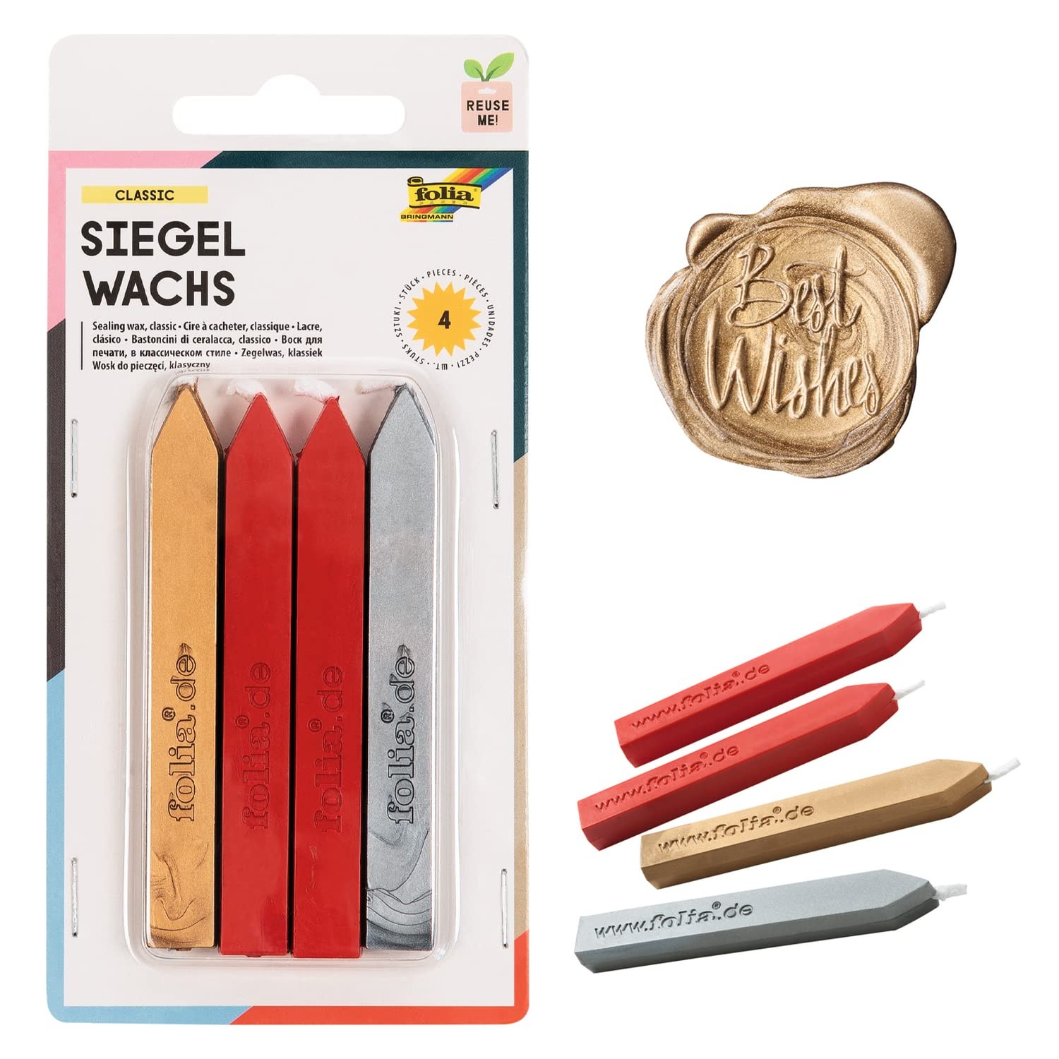 Folia Wax Classic, 4 Set, 1 Silver and Gold and 2 Sealing Candles in red, for St