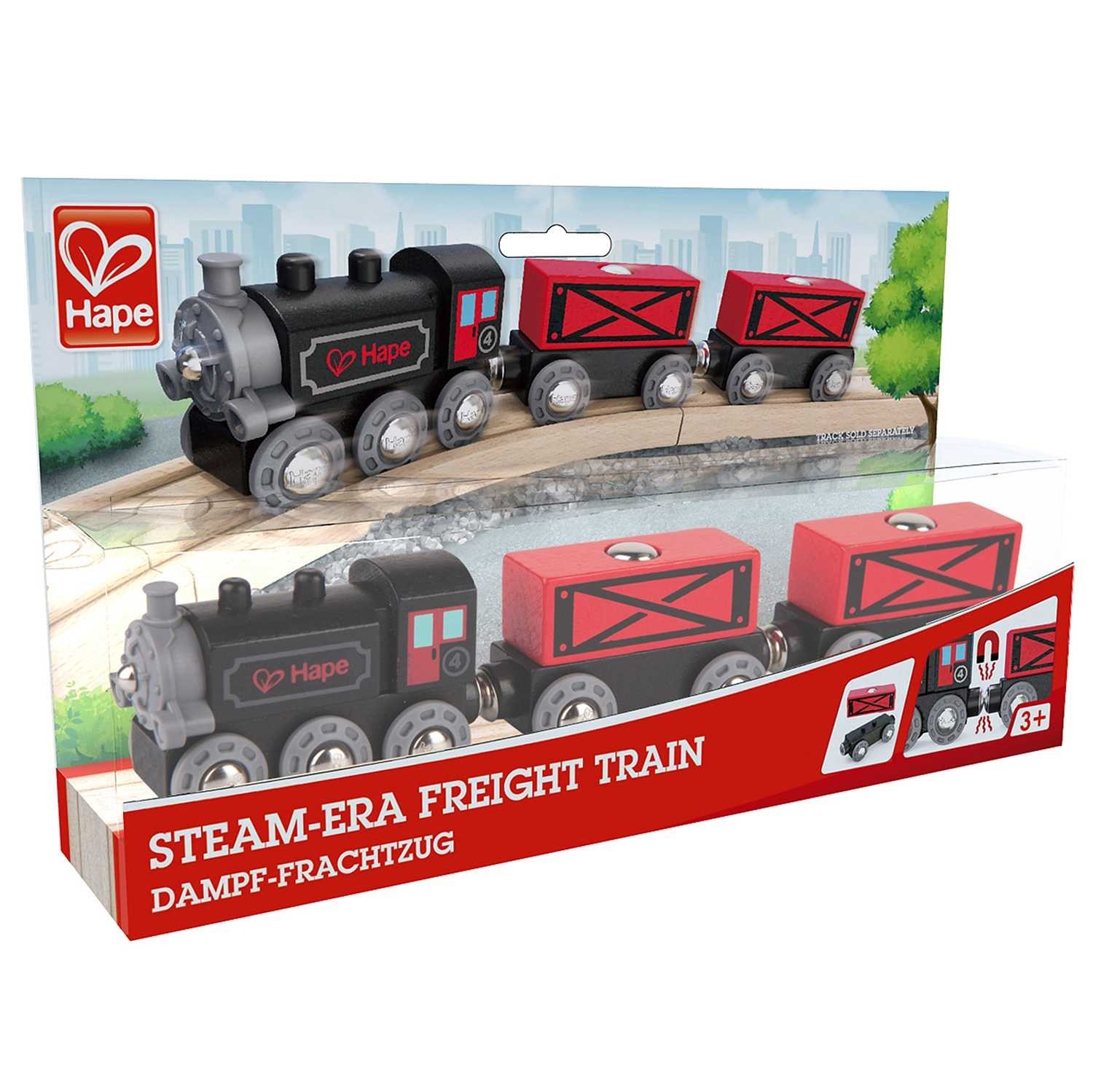 TRENO MERCI D'EPOCA in legno HAPE trenino E3717 magnetico 2 VAGONI E LOCOMOTIVA