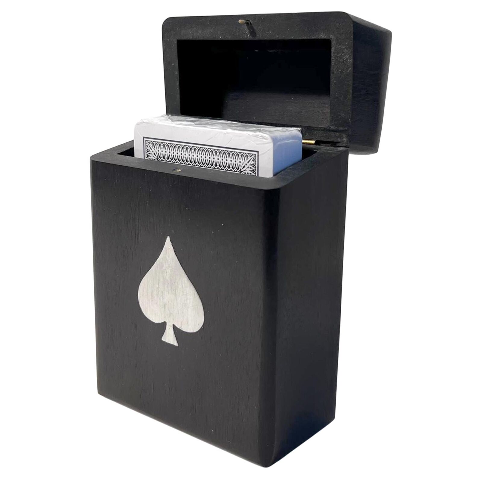 Handcrafted black wooden playing card box with Ace of Spades design