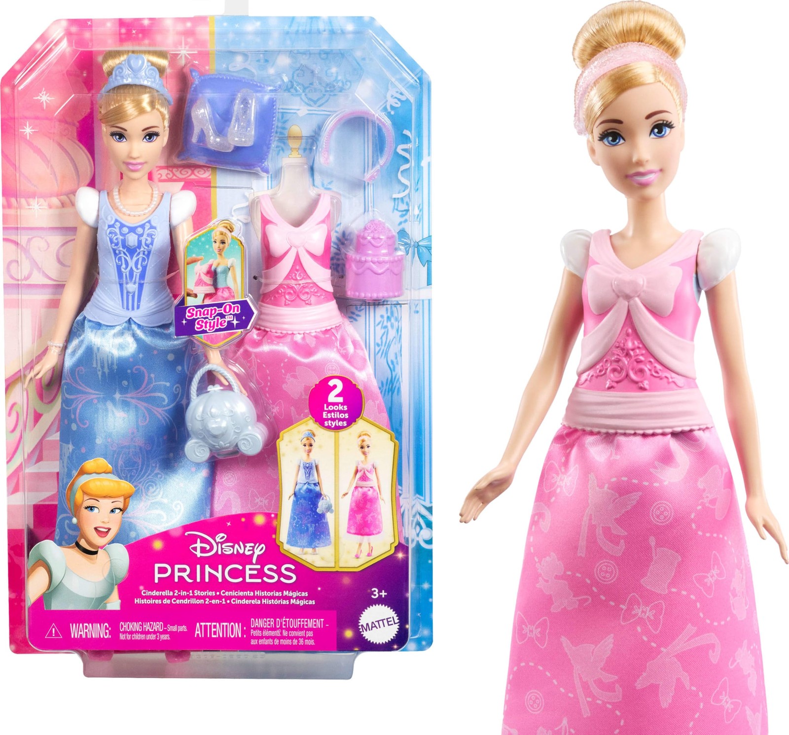 Mattel Disney Princess Toys, Cinderella Fashion Doll with 2 Looks, 9 Accessories