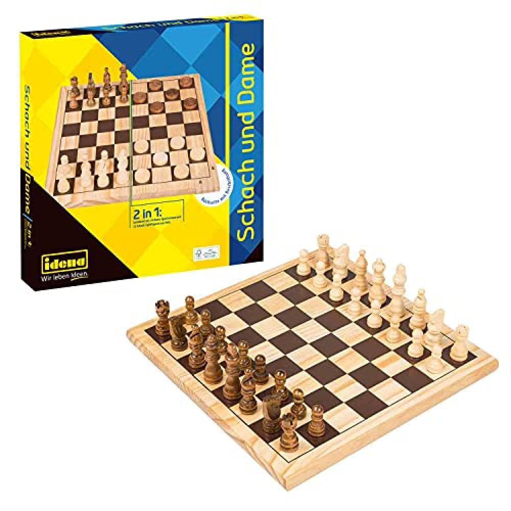 Idena 40174 - Scacchino classico 2 in 1, con tavola da gioco, 32 scacchi e 24 pi