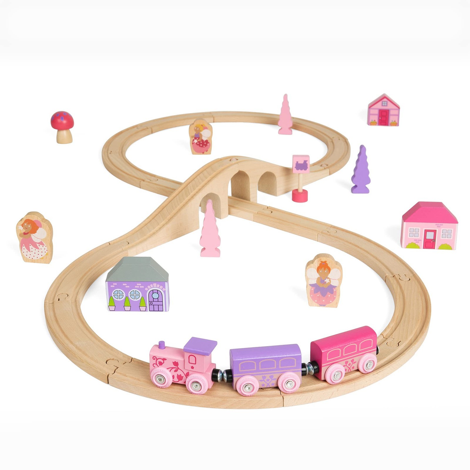 Bigjigs Rail Fairy Figure Of Eight Train Set - 35 Piece Pink Wooden Railway, Toy