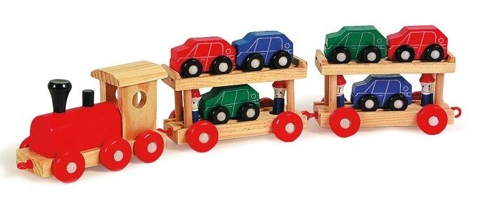 Trenino di legno "treno navetta" cm 49, con 6 macchinine e 4 omini - Legler 7006
