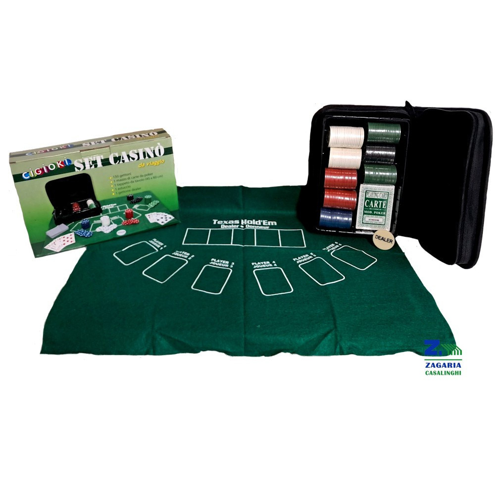 SET CASINO' DA VIAGGIO BORSETTA COMPLETA DI TAPPETINO CARTE DA POKER 150 GETTONI