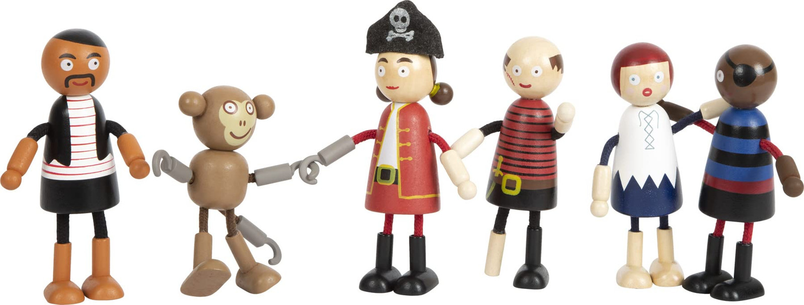 small foot Wooden Bending Dolls, 5 Pirates and 1 Monkey, richly Detailed and Fle