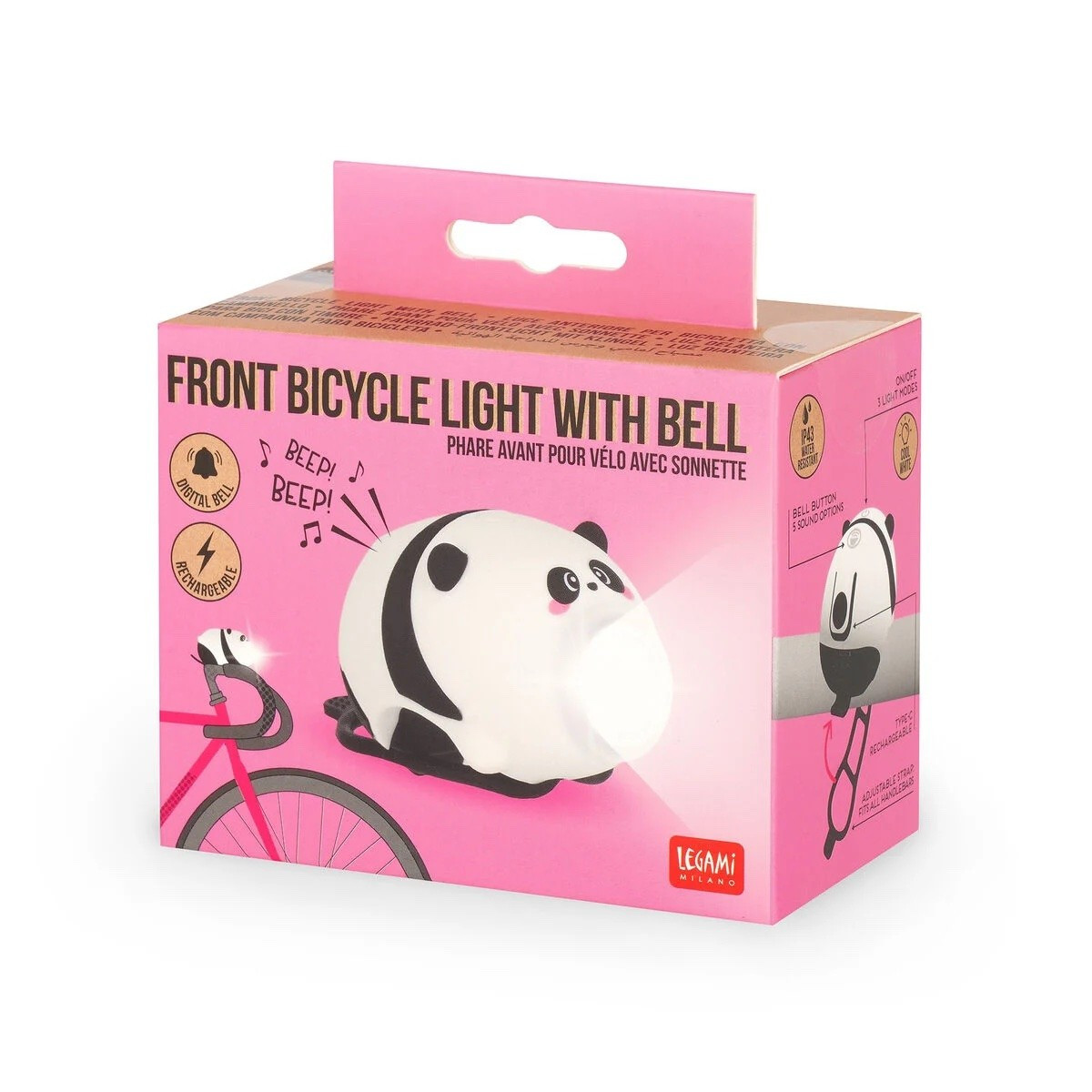 LUCE ANTERIORE PER BICICLETTA CON CAMPANELLO legami PANDA bici FRONT BICYCLE LIG