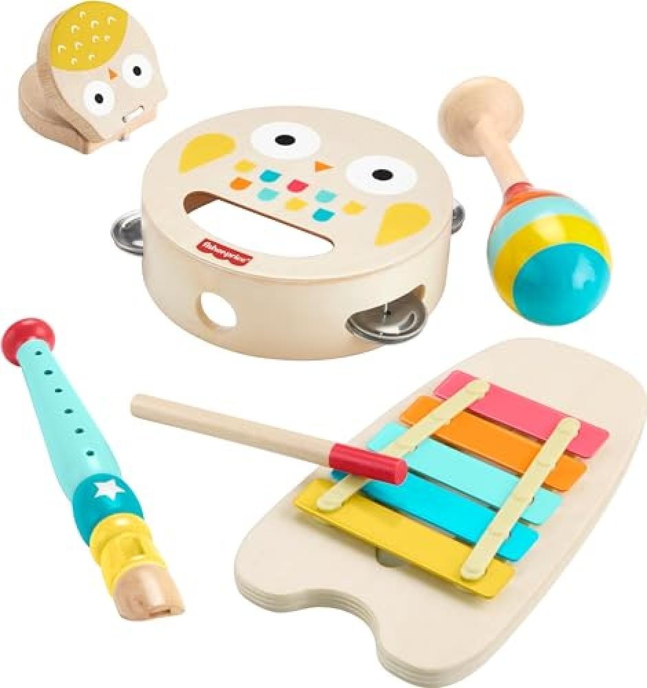 Fisher-Price - Set Strumenti Musicali, 6 strumenti giocattolo in legno a forma d