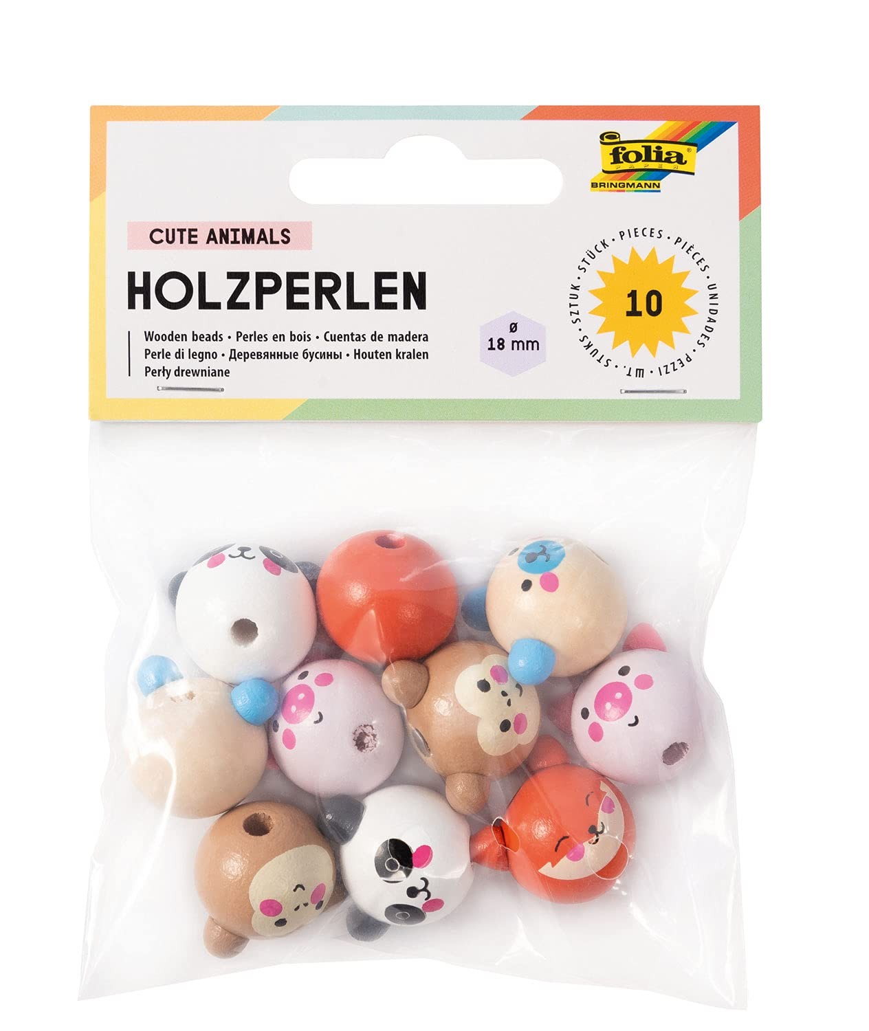 folia Beads, 10 Round Wooden Balls with Cute Animal Faces, Assorted in 5 Designs