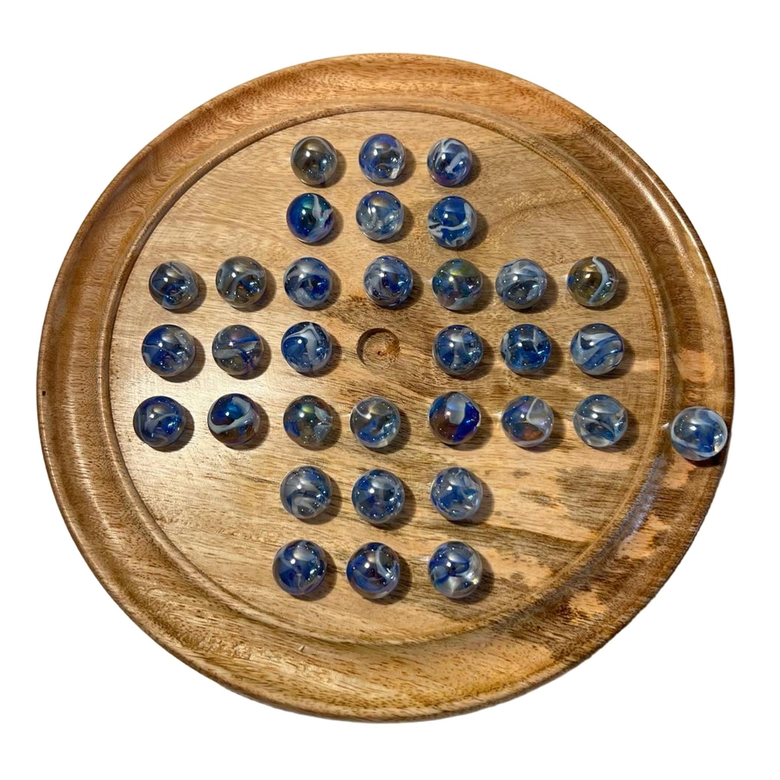 30cm Diameter WOODEN SOLITAIRE BOARD GAME with BUMBLEBEE Glass Marbles