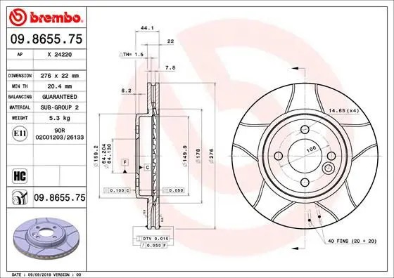 Disco freno ventilazione interna 09.8655.75 BREMBO per MINI MINI MINI Cabriolet