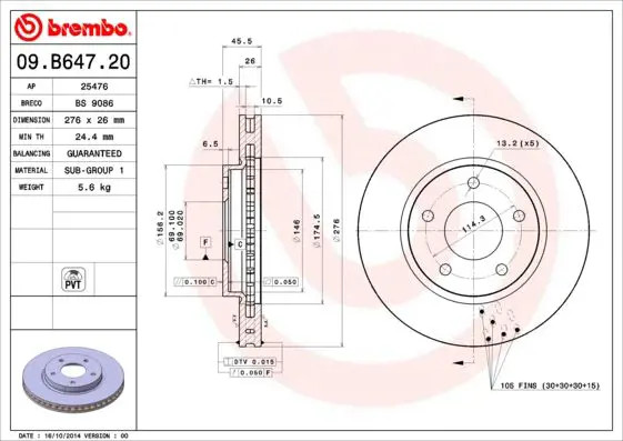 2x Disco freno ventilazione interna 09.B647.21 BREMBO per DODGE CALIBER