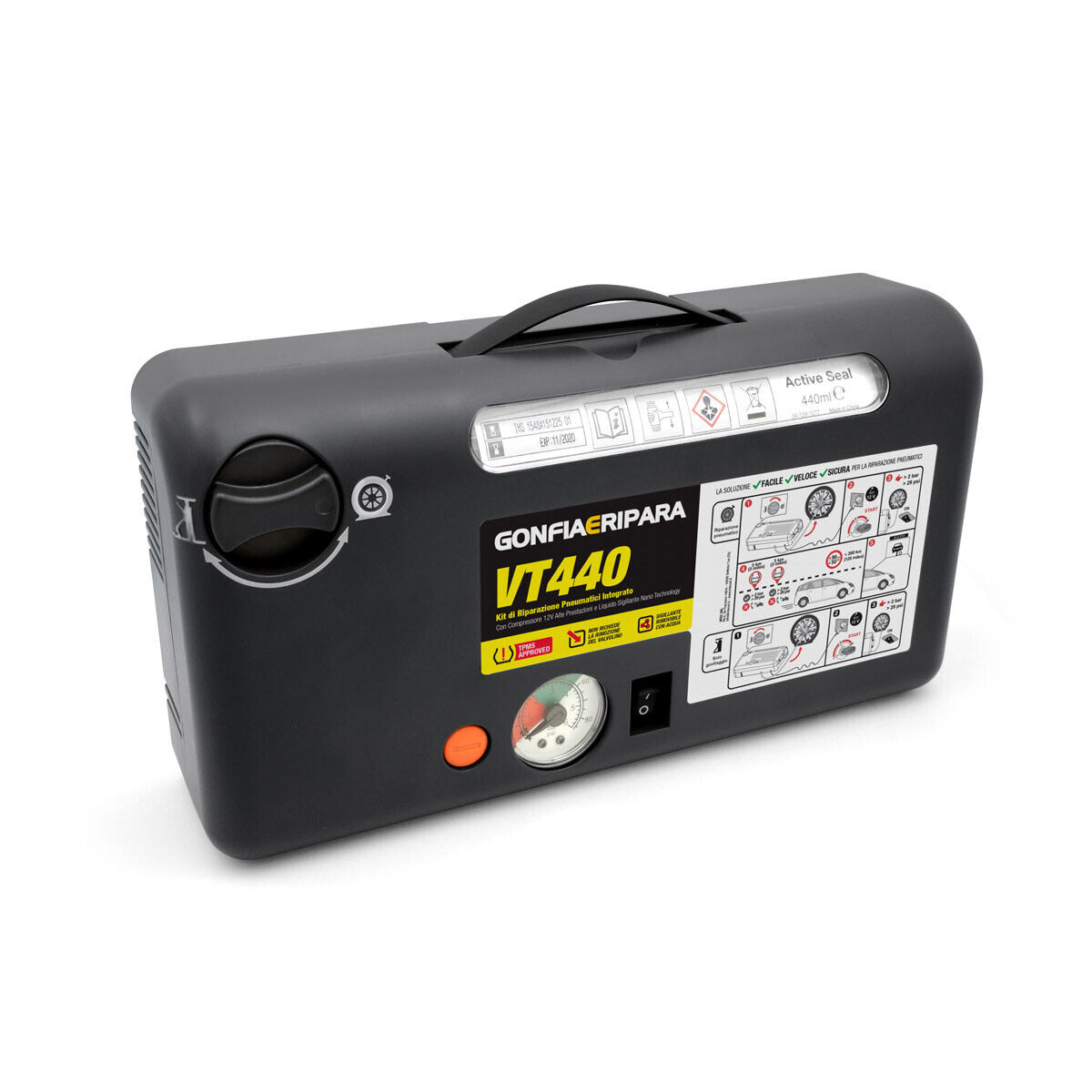 KIT FORATURA AIRBOX RUOTA GOMMA PNEUMATICO AUTO CON COMPRESSORE E LIQUIDO VT440