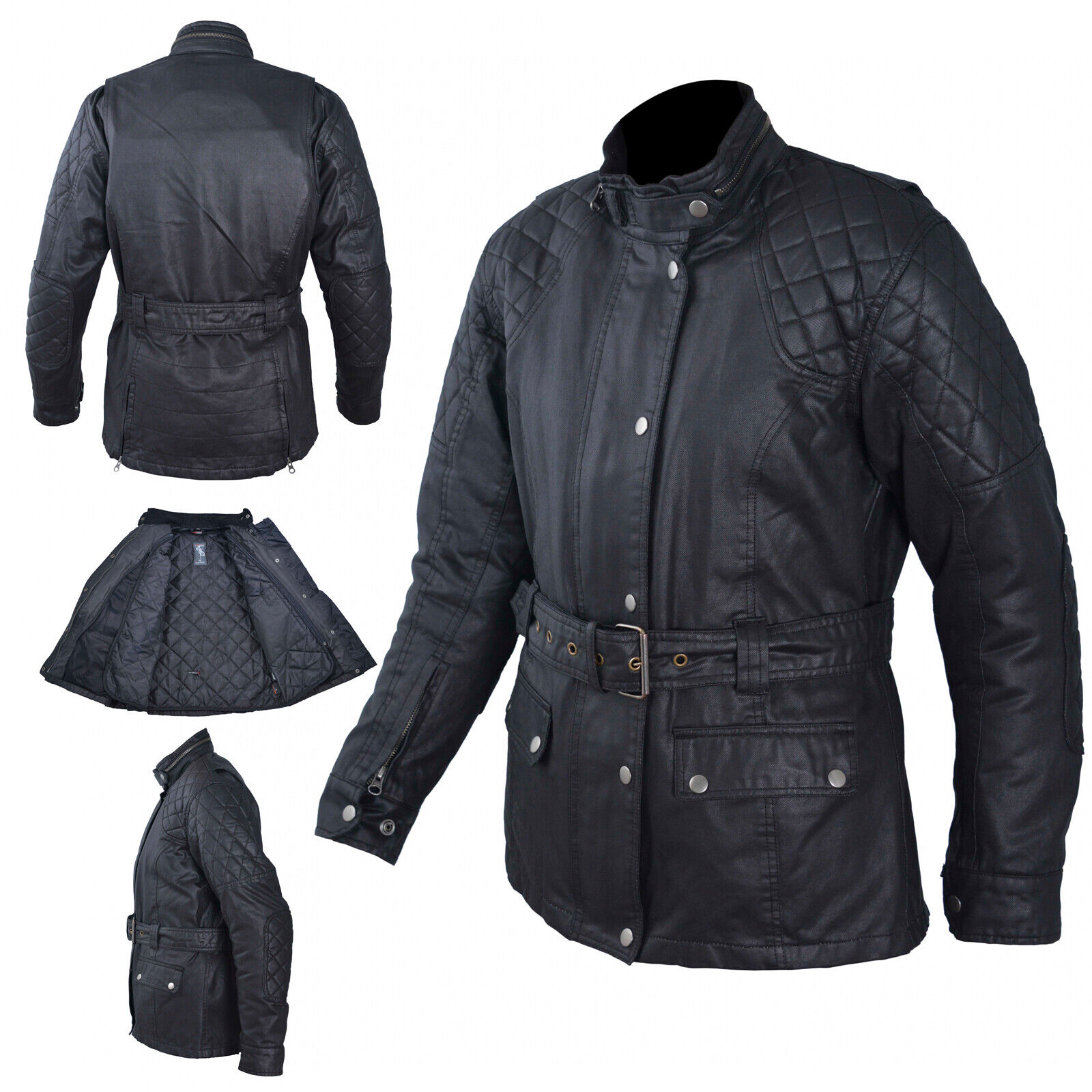 Ladies Jacket Armour CE Waxed Textile Motorcycle Motorbike Scooter Black S
