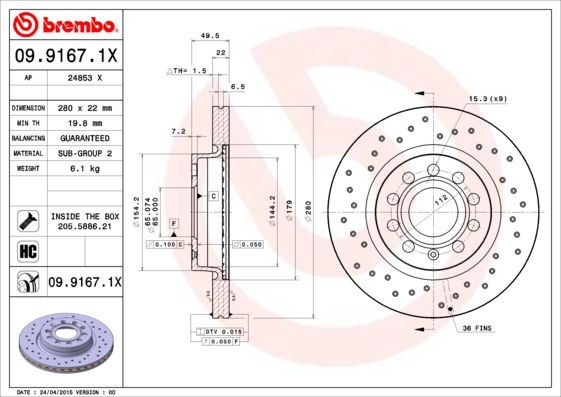 COPPIA DISCHI FRENO BREMBO 09.9167.1X  per VW BEETLE (5C1, 5C2), BEETLE Cabriole