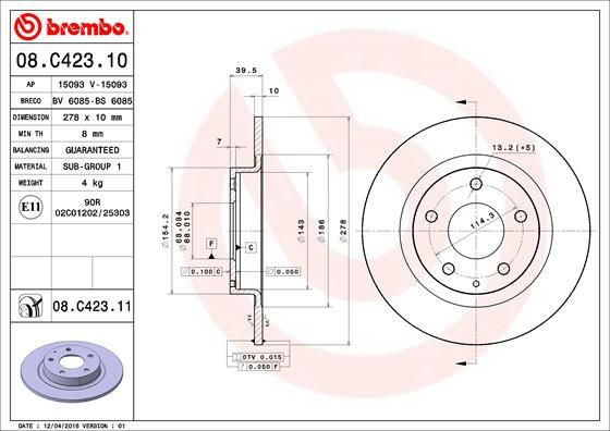 COPPIA DISCHI FRENO BREMBO 08.C423.11  per MAZDA 6 Familiare (GJ, GL), 6 Tre vol