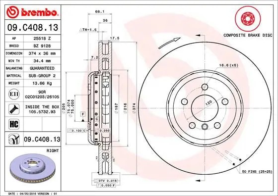 Disco freno disco del freno a due pezzi 09.C408.13 BREMBO per BMW 6 Cabriolet 5