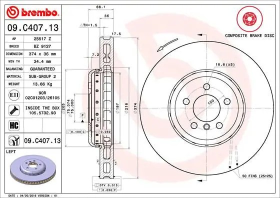 Disco freno ventilazione interna 09.C407.13 BREMBO per BMW 6 Cabriolet 5 7