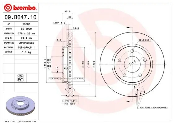 2x Disco freno ventilazione interna 09.B647.11 BREMBO per MITSUBISHI LANCER VIII