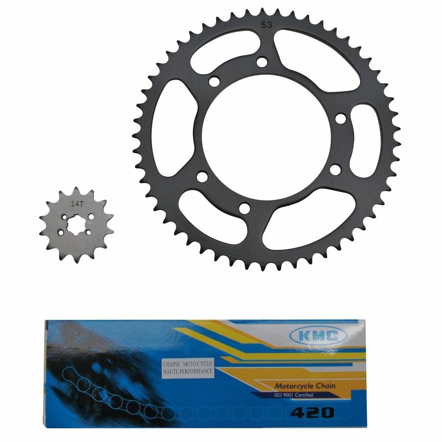 Kit catena adattabile Derbi 50 Senda DRD 2002+2005 420 14x53 (foro 105mm) (demol