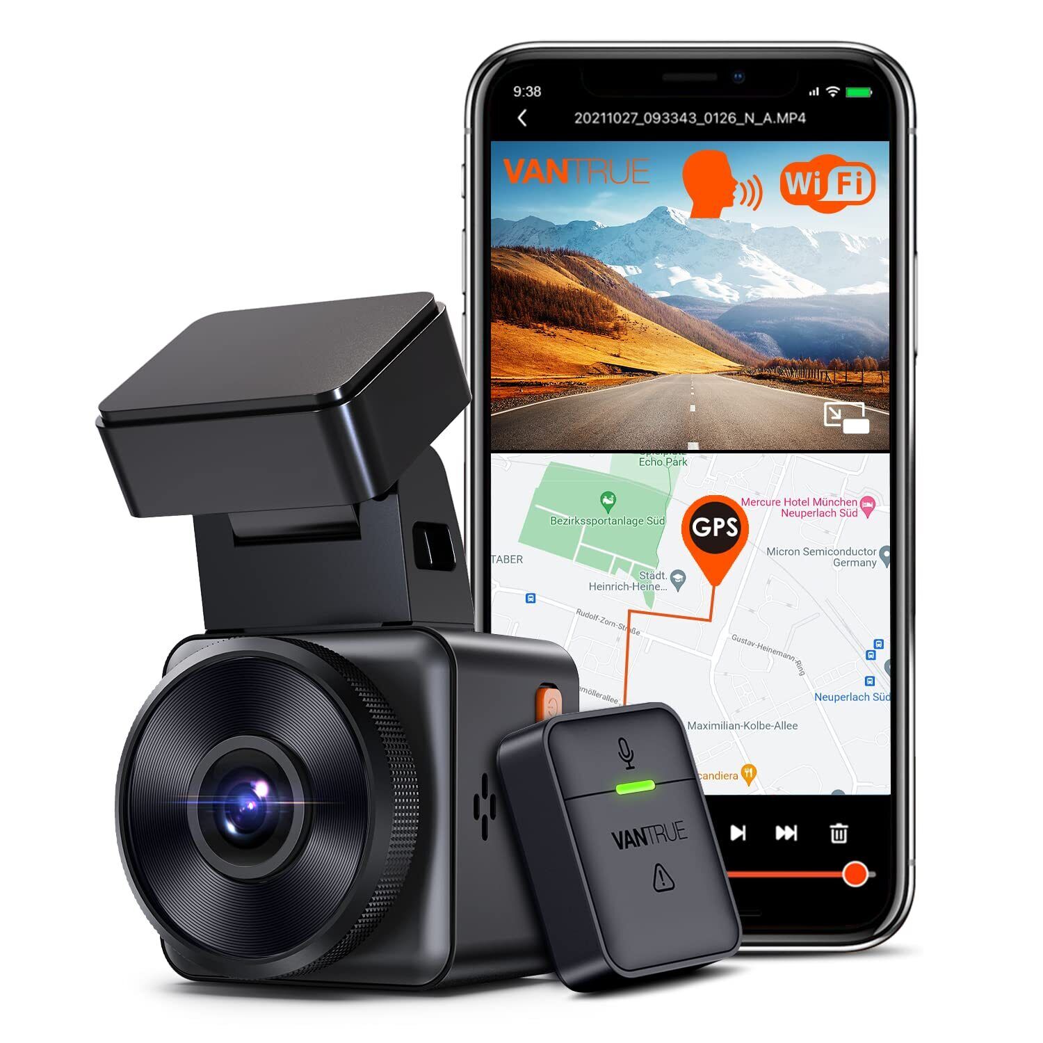 VANTRUE E1 WiFi GPS Dash Cam, 2596x1944P 30FPS Telecamera Per Auto a condensator
