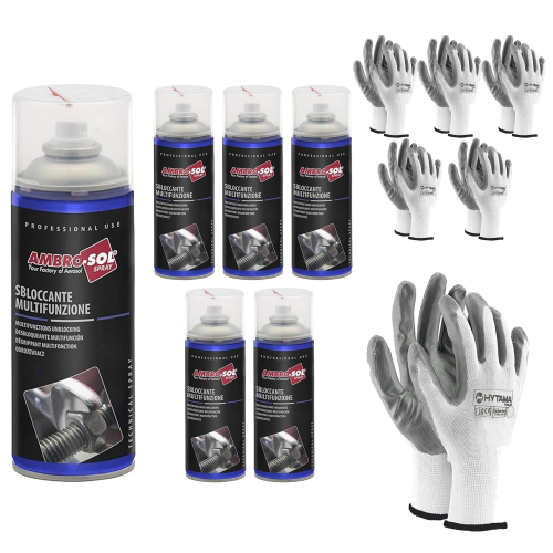 6 BOMBOLETTE SPRAY SBLOCCANTE HD ML 400 LUBRIFICANTE + 6 PAIA GUANTI  AMBROSOL