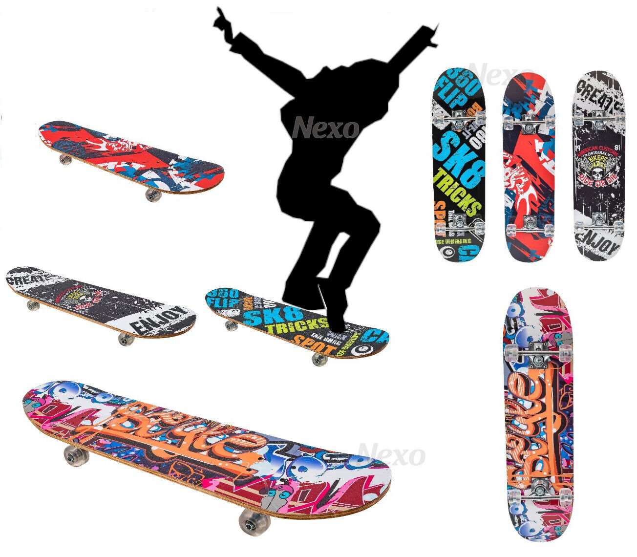 Skateboard in Legno 78 cm Skate Completo Old School Portata 100 Kg Deluxe