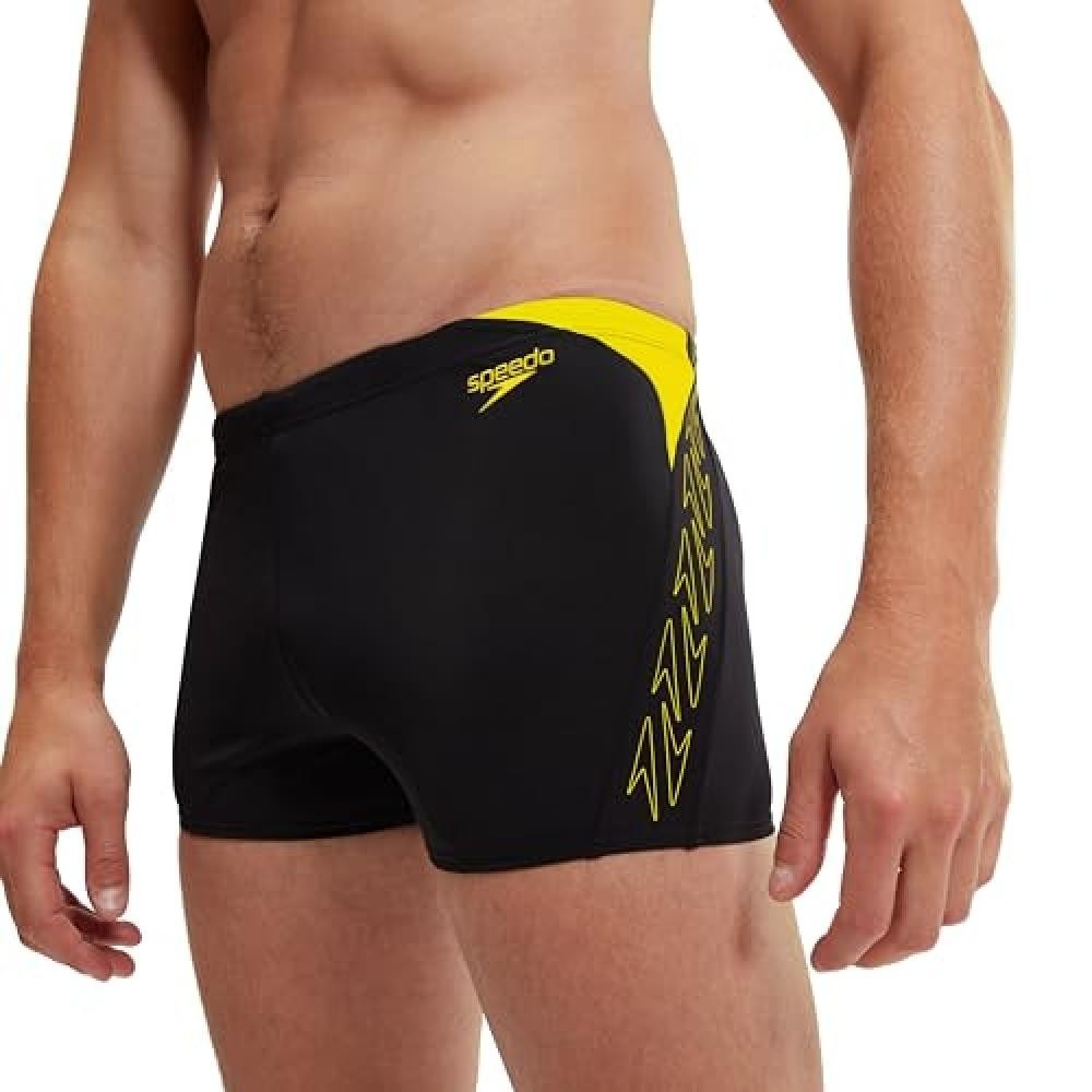 (TG. 38W) Speedo Hyperboom Splice Aquashort, Nero/Giallo, W38 Uomo - NUOVO