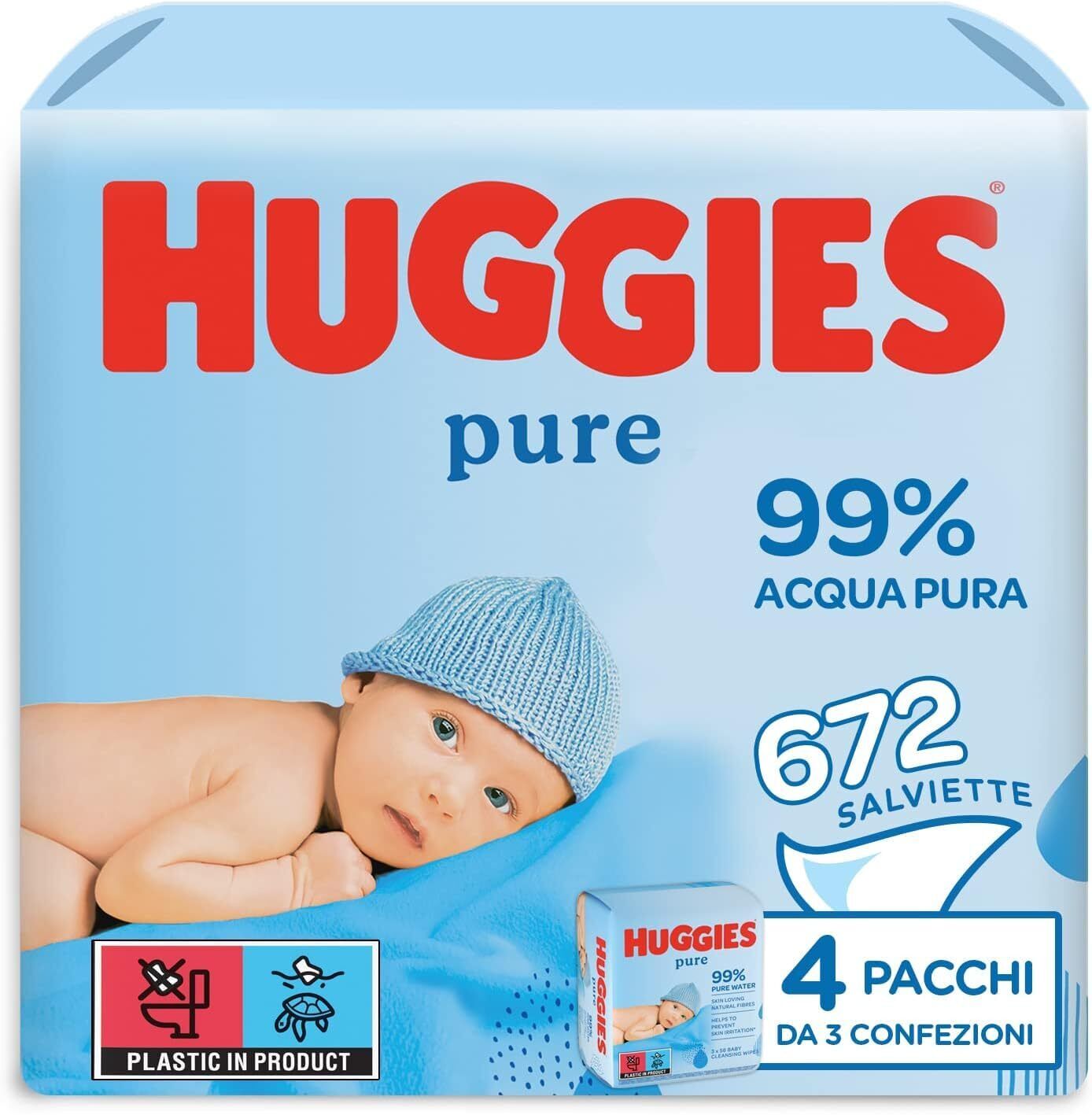 Huggies Pure, Salviette neonato, 99% acqua pura, 65% fibre assorbenti naturali,