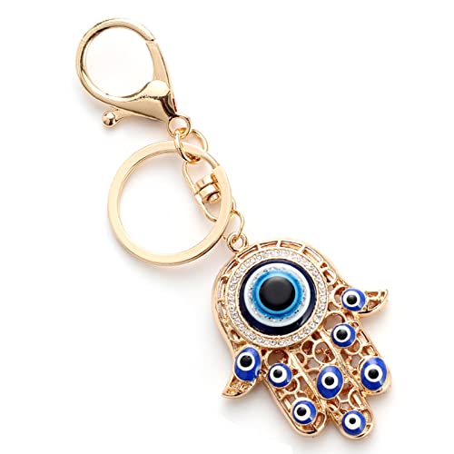 Zhsh Portachiavi Mano Di Fatima, Occhio Demone, Malocchio, Blu, Occhio Turco, Portafortuna Per Uomini E Donne (Oro)