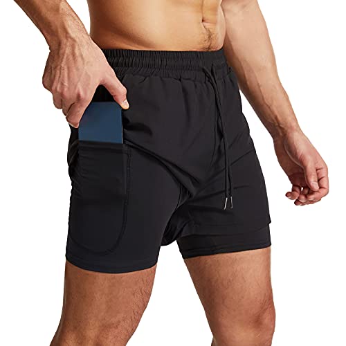 Danfiki Pantaloncini Sportivi Da Uomo Running Shorts Asciugatura Rapida Con Tasca Per Jogging Tennis Fitness Allenamento 2 In 1,Nero,L