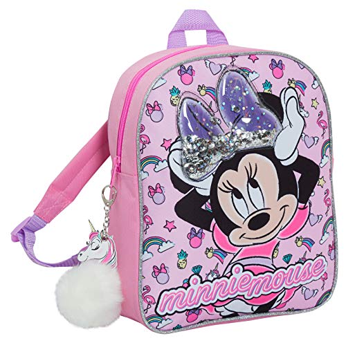 Disney Minnie Mouse - Zaino Da Bambina Con Fiocco Di Paillettes Glitterate, Per La Scuola E Il Pranzo, Con Pompon A Forma Di Unicorno, Rosa, Taglia Un