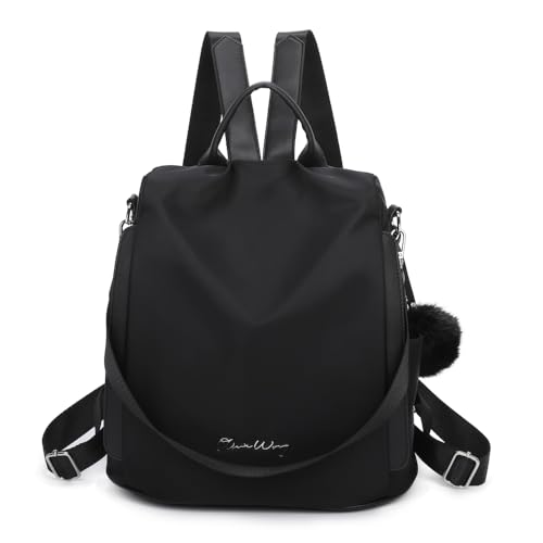 Olivia Wong - Zaino Antifurto Impermeabile Da Donna (13 L), Zaino Trasformabile In Borsa Con Pompon E Maniglia Decorativa Removibile, Nero