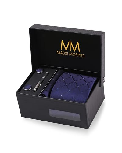 Massi Morino Cravatta Blu Scuro Quadrato E Fazzoletto Da Uomo Con Camicia Gemelli, Parure Fermacravatta Set I Accessori Sposa I Cravatte Elegante Conf