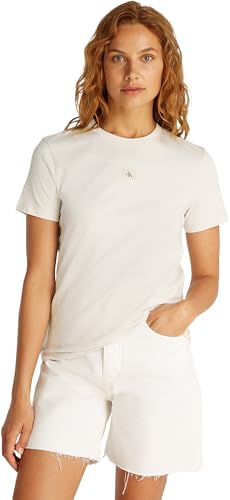 Calvin Klein Donna T-Shirt Maniche Corte Woven Label Regular Tee In Cotone, Bianco (Chalk), M