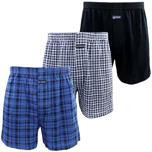Kacouni 3 Paia Boxer Larghi Uomo 100% Cotone Maglieria Morbido Confortevole Traspirante Boxer A Pantaloncino (L, 3X Mix01(Nero/Blu Plaid))