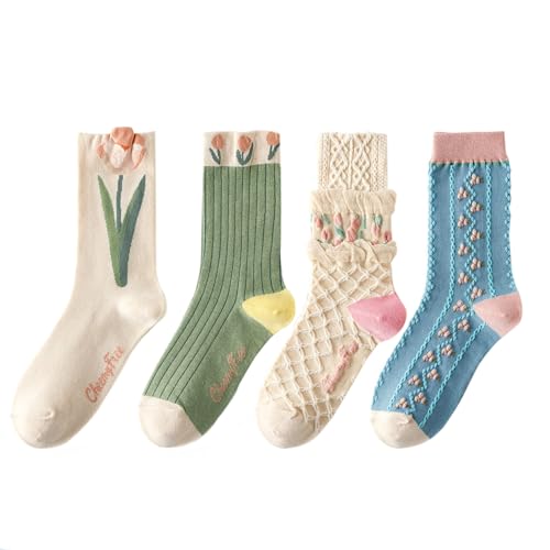 Haoxyo 4 Paires Calzini Donna,Calzini Donna Divertenti,Calzini Donna Cotone,Calzini In Cotone Con Motivi Floreali Vintage,Calze Spugna Donna,Comodo Mo