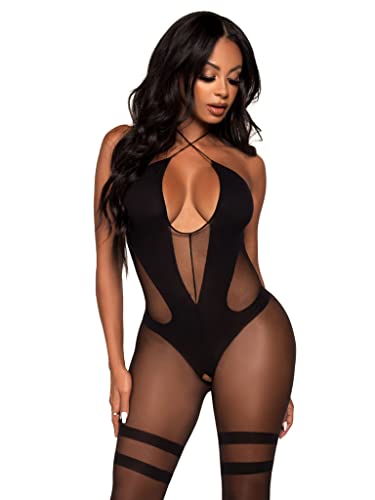 Leg Avenue 89299-00122 Opaque And Sheer Keyhole Twist Halter Bodystocking, O/S, Black Biancheria Intima Sexy, Multi, Taglia Unica Women'S