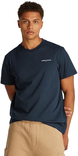 Tommy Jeans Uomo T-Shirt Maniche Corte Slim Linear Chest Tee Con Scollo Rotondo, Nero (Black), M