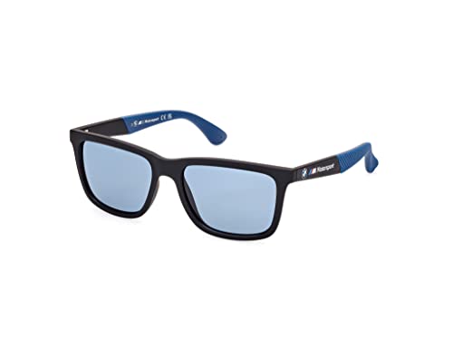 Bmw M Motorsport Bs0031 Occhiali Da Sole Uomo, Occhiali Da Sole Casual Leggeri, Forma Lente Rettangolare, Lenti Polarizzate Blu, Nero Opaco