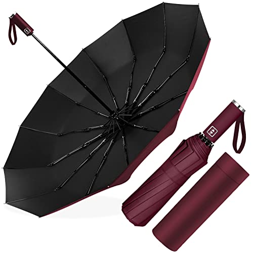 Ombrello Pieghevole Automatico, Ombrello Antivento Portatile, Ombrello Grande Da Pioggia 12 Stecche Rinforzate Per Uomo Donna, Diametro 105Cm (Vino Ro
