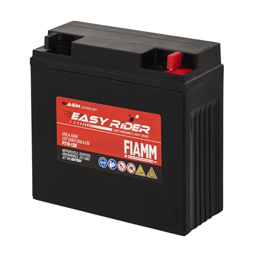 Fiamm Batteria Per Moto E Scooter Ft19-12B 20Ah 200A, Batteria Easy Rider Agm Technology, Massima Potenza Di Avvio,Senza Manutenzione, Già Carica, Pro