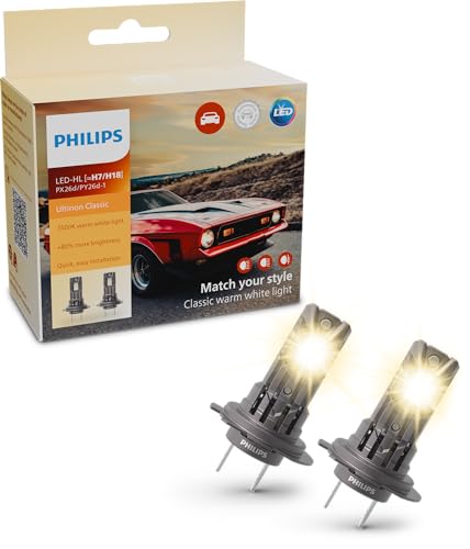 Philips Ultinon Classic Lampadina Led Per Fari Auto (H7/H18), Luce Bianca Calda 3.500K, Luce Colorata Alogena, 80% Di Luminosità In Più, Lampadina Led