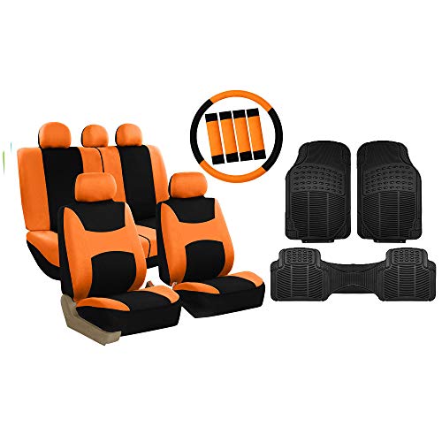 Fh Group Light & Breezy - Set Completo Di Coprisedili Per Auto (Arancione/Nero), Set Combinato: Coprivolante, Cuscinetti Per Cinture Di Sicurezza E Ta