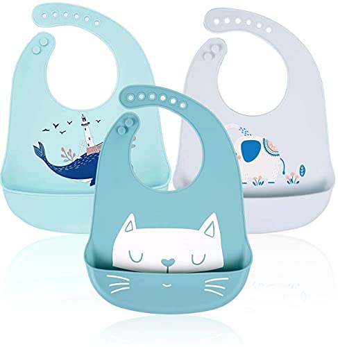Rightwell Bavaglini Silicone 3 Pezzi Bavaglino Silicone Con Tasca, Bavaglini Silicone Raccoglipappa - Facili Da Pulire Unisex Personalizzato Bpa Free