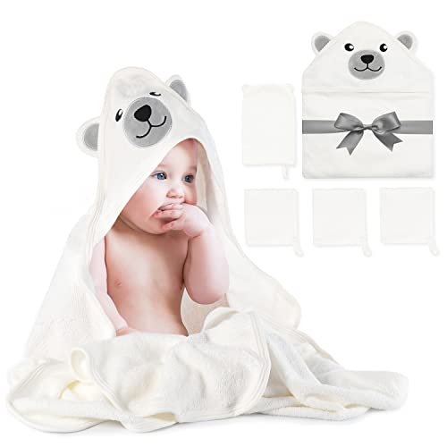Momcozy Set Asciugamani Bagno Al In Bambù Per Neonato 5 Pz, 1 Pezzo Asciugamano Neonato Con Cappuccio, 3 Pezzi Asciugamano Neonati, 1 Pezzo Guanto Da